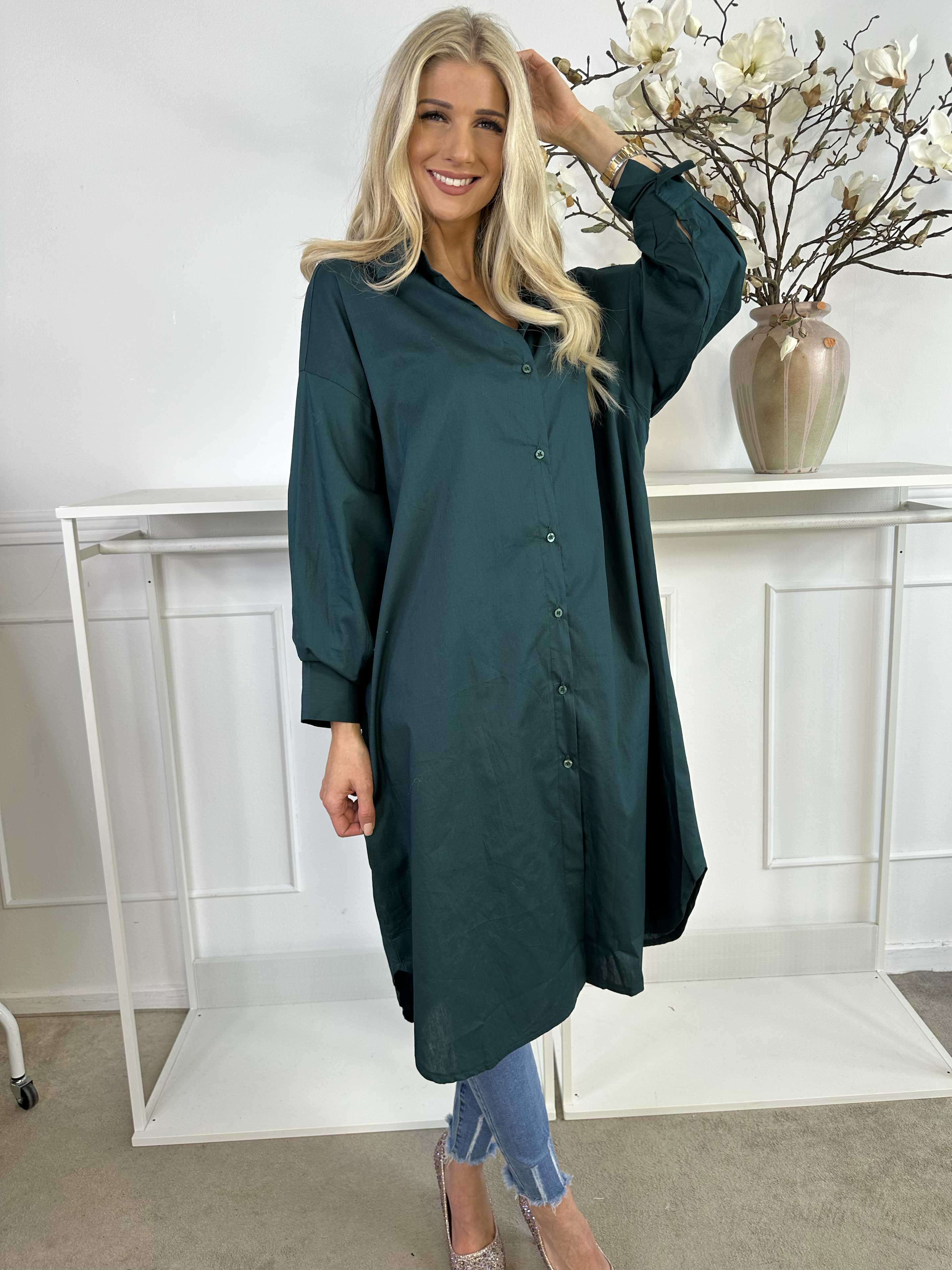 Ceylan - Lång enfärgad skjortklänning i bomull